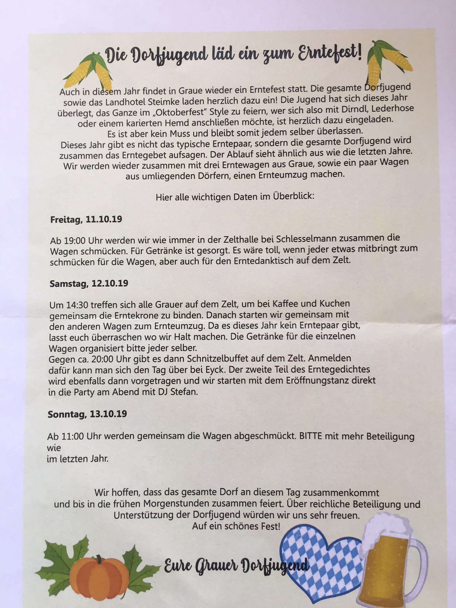 Einladung Erntefest 2019